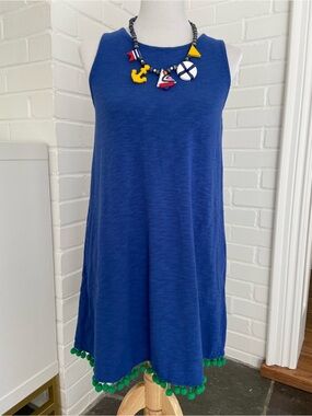 Womens Sleeveless Royal Blue Summer  Dress With Kelly green Pom Trim Size